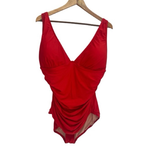 J. Crew Ruched V-Neck One-Piece Swimsuit Bathing Suit Red Plus Size 18 Women’s - Picture 1 of 7